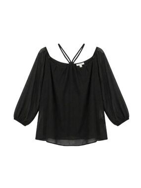 NWT | Black Sheer Sleeve Top | Cross Strap Detail | Chiffon Sleeve | Medium